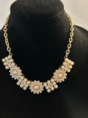 Vintage Faux Pearl & Rhinestone Panel Bracelet - 8" + Extension Gold Tone